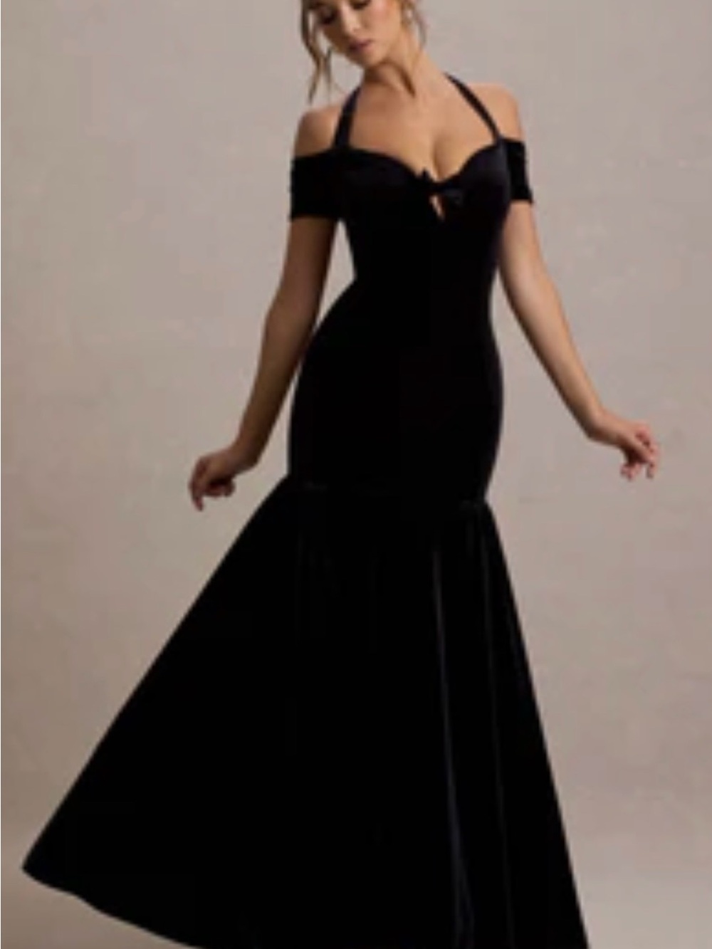 Black Off-Shoulder Mermaid Maxi Dress with Halter Detail